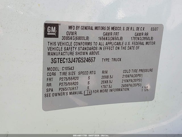 44811759 :رقم المزاد ، 3GTEC13J47G524667 vin ، 2007 Gmc Sierra 1500 Sle1 مزاد بيع