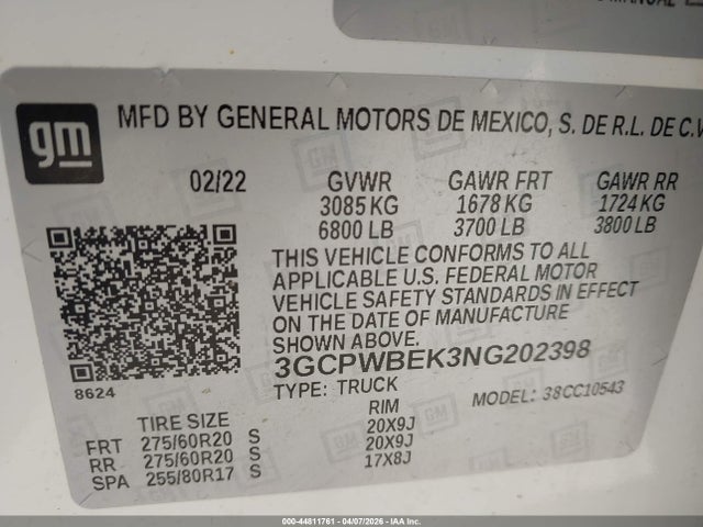 Aukcja sprzedaży 2022 Chevrolet Silverado 1500 Ltd 2wd  Short Bed Custom, vin: 3GCPWBEK3NG202398, numer aukcji: 44811761