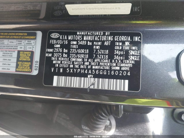 Aukcja sprzedaży 2016 Kia Sorento 3.3l Ex, vin: 5XYPH4A56GG160204, numer aukcji: 44811773
