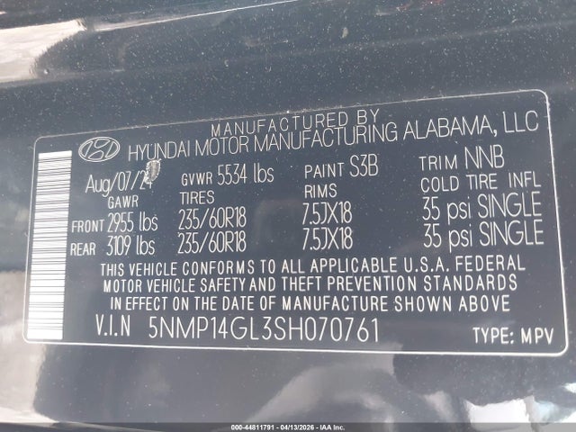 44811791 :رقم المزاد ، 5NMP14GL3SH070761 vin ، 2025 Hyundai Santa Fe Se مزاد بيع
