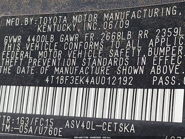 2010 Toyota Camry Se მანქანა იყიდება აუქციონზე, vin: 4T1BF3EK4AU012192, აუქციონის ნომერი: 44811799