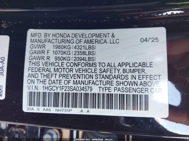 Aukcja sprzedaży 2025 Honda Accord Lx, vin: 1HGCY1F23SA034579, numer aukcji: 44811811