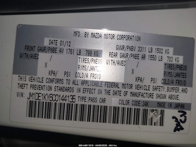 44811818 :رقم المزاد ، JM1DE1KY6C0144135 vin ، 2012 Mazda Mazda2 Sport مزاد بيع