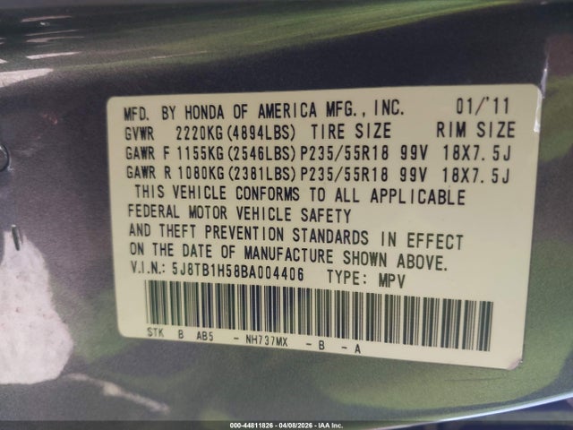 2011 Acura Rdx მანქანა იყიდება აუქციონზე, vin: 5J8TB1H58BA004406, აუქციონის ნომერი: 44811826