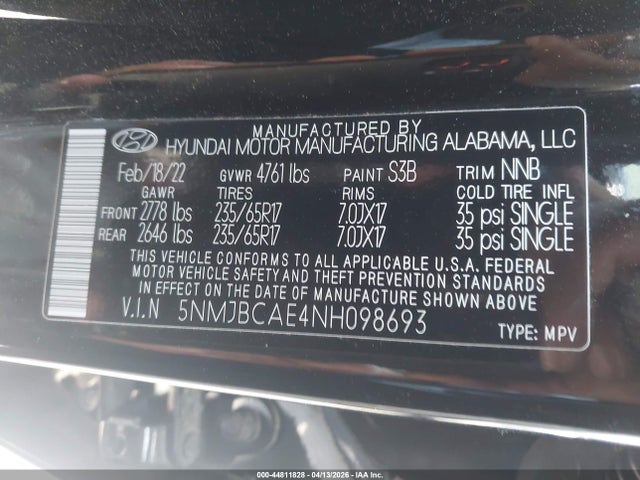Aukcja sprzedaży 2022 Hyundai Tucson Sel, vin: 5NMJBCAE4NH098693, numer aukcji: 44811828