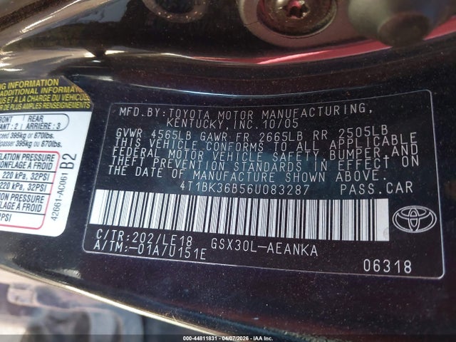44811831 :رقم المزاد ، 4T1BK36B56U083287 vin ، 2006 Toyota Avalon Touring مزاد بيع