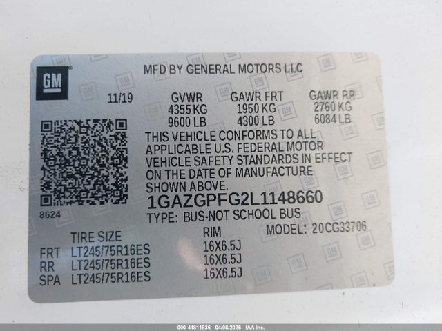 Продаж на аукціоні авто 2020 Chevrolet Express Passenger Rwd 3500 Extended Wheelbase Lt, vin: 1GAZGPFG2L1148660, номер лоту: 44811836