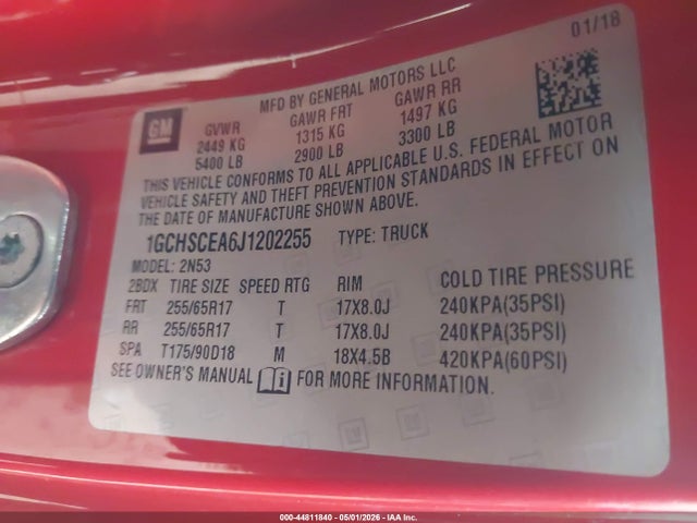 2018 Chevrolet Colorado Lt მანქანა იყიდება აუქციონზე, vin: 1GCHSCEA6J1202255, აუქციონის ნომერი: 44811840
