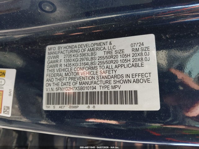5FNYG2H7XSB010194 Honda Pilot Touring