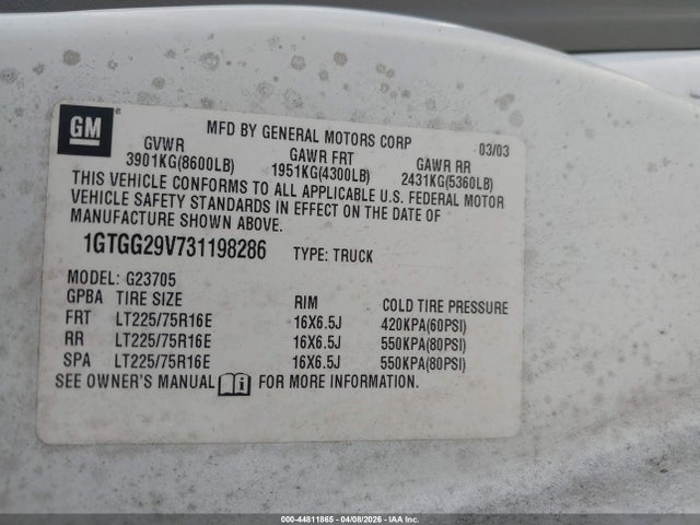 Aukcja sprzedaży 2003 Gmc Savana Standard, vin: 1GTGG29V731198286, numer aukcji: 44811865