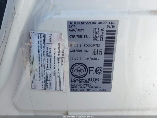 44811866 :رقم المزاد ، 5N1AR2MM4GC655964 vin ، 2016 Nissan Pathfinder Platinum/s/sl/sv مزاد بيع