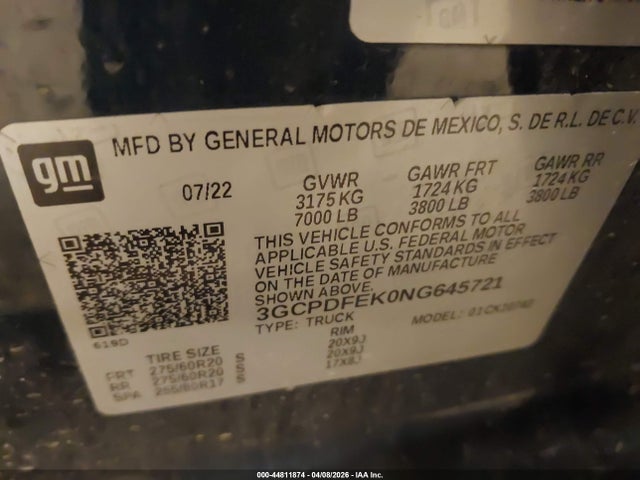 44811874 :رقم المزاد ، 3GCPDFEK0NG645721 vin ، 2022 Chevrolet Silverado 1500 4wd  Standard Bed Lt Trail Boss مزاد بيع
