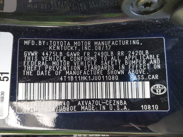 2018 Toyota Camry Le მანქანა იყიდება აუქციონზე, vin: 4T1B11HK1JU011080, აუქციონის ნომერი: 44811881