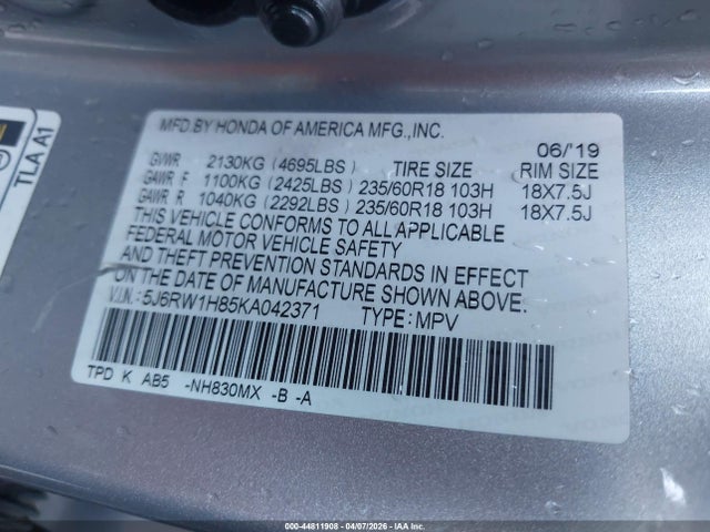 Продаж на аукціоні авто 2019 Honda Cr-v Ex-l, vin: 5J6RW1H85KA042371, номер лоту: 44811908