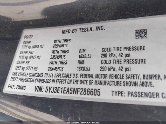 Продажа на аукционе авто 2022 Tesla Model 3 Rear-wheel Drive, vin: 5YJ3E1EA5NF286605, номер лота: 44811913