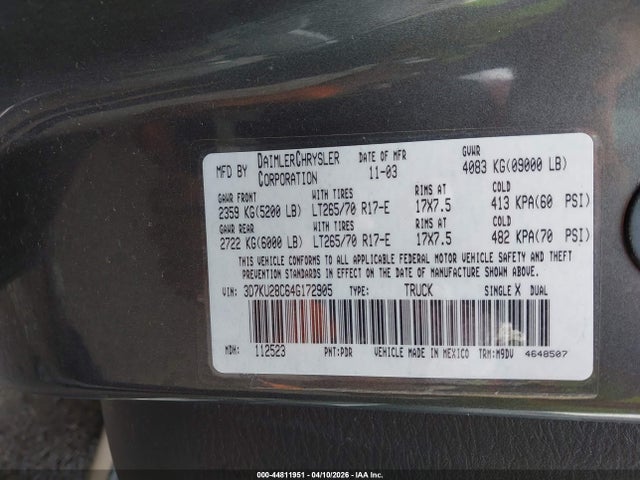 Auction sale of the 2004 Dodge Ram 2500 Slt/laramie, vin: 3D7KU28C64G172905, lot number: 44811951