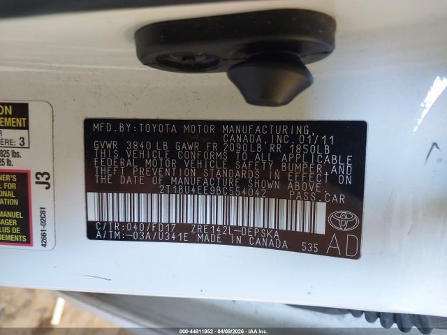 Продажа на аукционе авто 2011 Toyota Corolla S, vin: 2T1BU4EE9BC554042, номер лота: 44811952