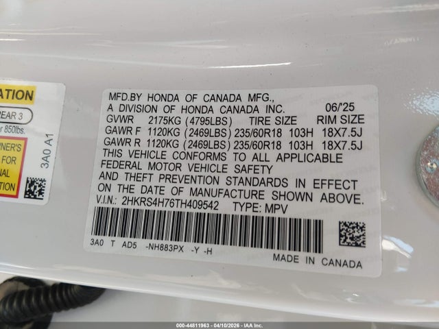 Продажа на аукционе авто 2026 Honda Cr-v Ex-l Awd, vin: 2HKRS4H76TH409542, номер лота: 44811963