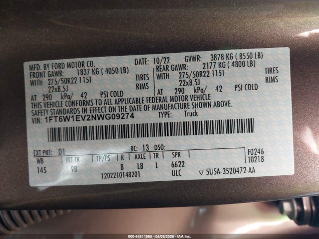 1FT6W1EV2NWG09274 Ford F-150 Lightning Platinum