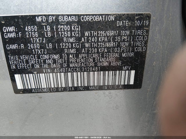 2020 Subaru Outback Premium მანქანა იყიდება აუქციონზე, vin: 4S4BTACC8L3128481, აუქციონის ნომერი: 44811991