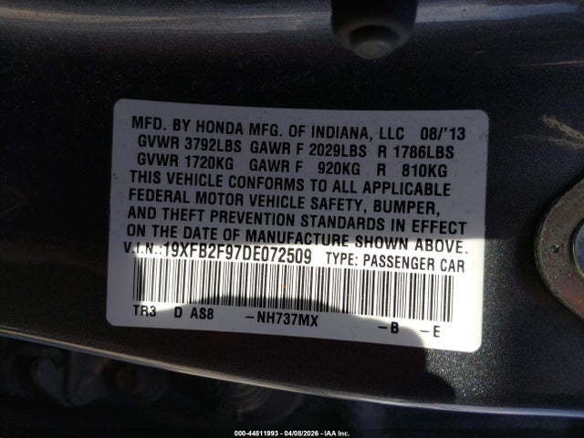 Aukcja sprzedaży 2013 Honda Civic Ex-l, vin: 19XFB2F97DE072509, numer aukcji: 44811993
