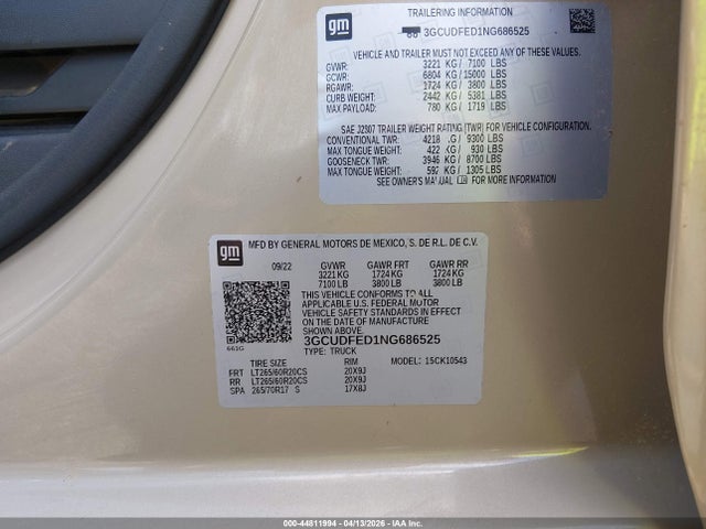 Продажа на аукционе авто 2022 Chevrolet Silverado 1500, vin: 3GCUDFED1NG686525, номер лота: 44811994
