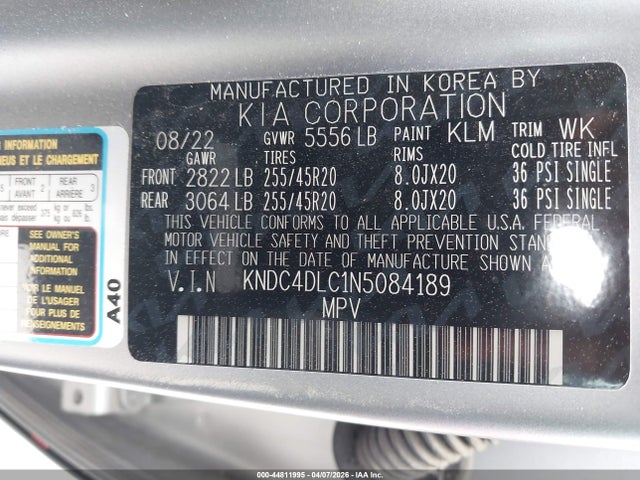 Продажа на аукционе авто 2022 Kia Ev6 Gt-line, vin: KNDC4DLC1N5084189, номер лота: 44811995