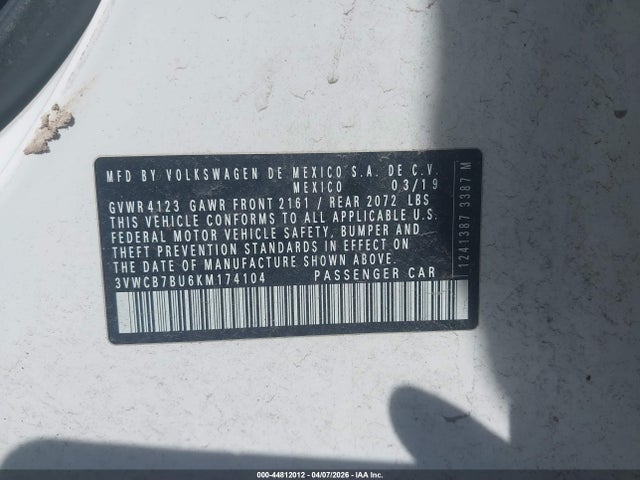 44812012 :رقم المزاد ، 3VWCB7BU6KM174104 vin ، 2019 Volkswagen Jetta 1.4t R-line/1.4t S/1.4t Se مزاد بيع