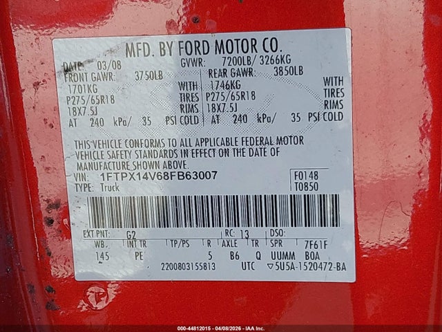 Продажа на аукционе авто 2008 Ford F-150 Fx4/lariat/xl/xlt, vin: 1FTPX14V68FB63007, номер лота: 44812015