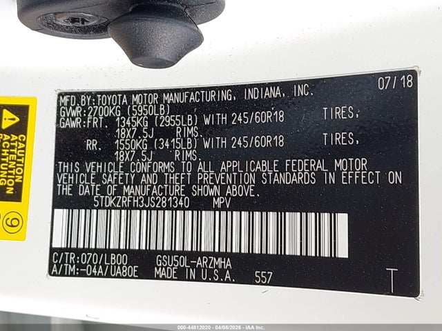 Продажа на аукционе авто 2018 Toyota Highlander Xle, vin: 5TDKZRFH3JS281340, номер лота: 44812020
