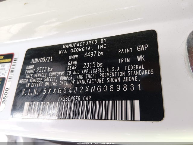 2022 Kia K5 Gt-line მანქანა იყიდება აუქციონზე, vin: 5XXG64J2XNG089831, აუქციონის ნომერი: 44812024