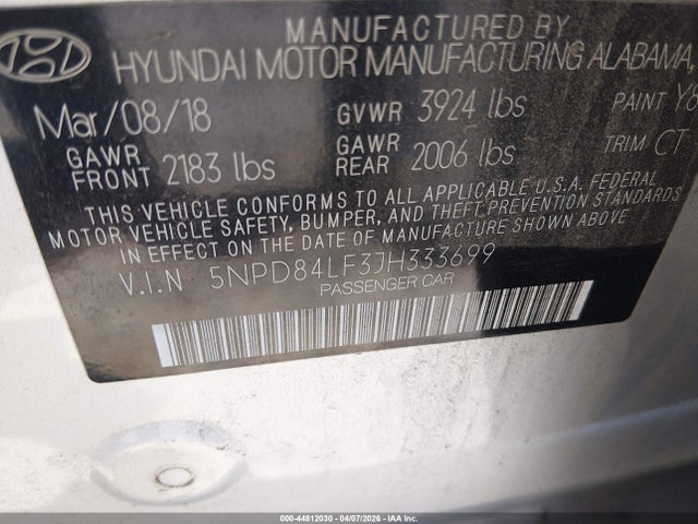 2018 Hyundai Elantra Sel მანქანა იყიდება აუქციონზე, vin: 5NPD84LF3JH333699, აუქციონის ნომერი: 44812030