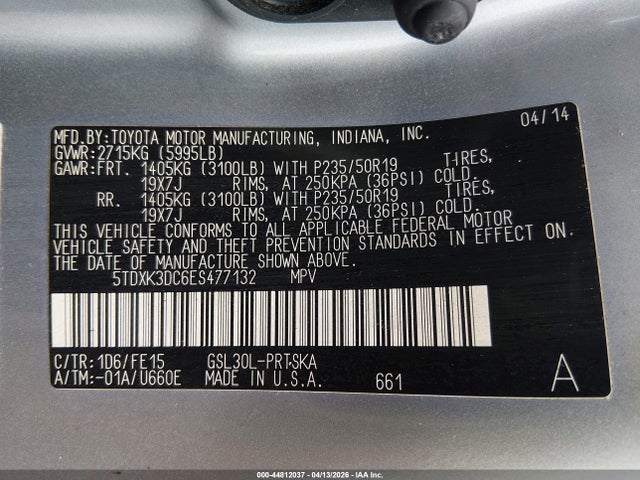 5TDXK3DC6ES477132 Toyota Sienna Se 8 Passenger