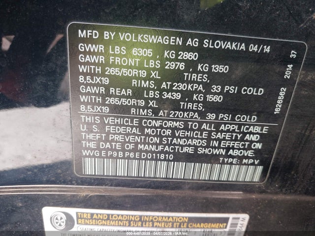 44812039 :رقم المزاد ، WVGEP9BP6ED011810 vin ، 2014 Volkswagen Touareg X مزاد بيع