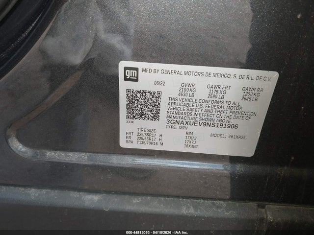 2022 Chevrolet Equinox Awd Lt მანქანა იყიდება აუქციონზე, vin: 3GNAXUEV9NS191906, აუქციონის ნომერი: 44812053