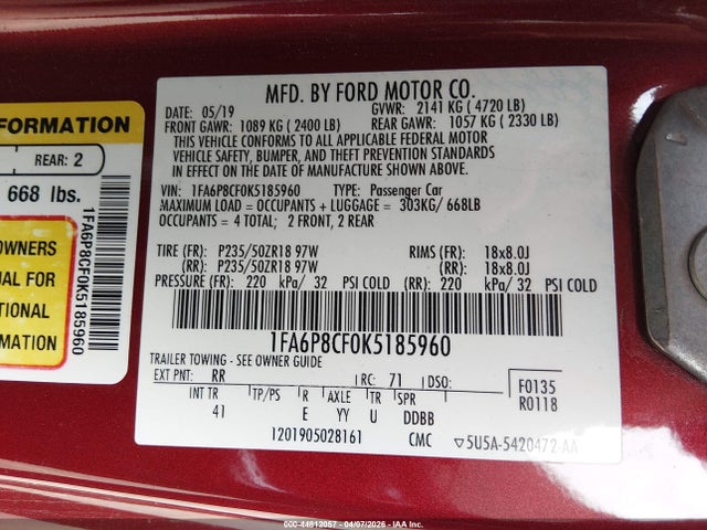 Auction sale of the 2019 Ford Mustang Gt Premium, vin: 1FA6P8CF0K5185960, lot number: 44812057