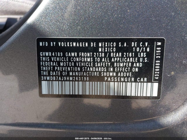 Aukcja sprzedaży 2017 Volkswagen Jetta 1.4t Se, vin: 3VWDB7AJ9HM263198, numer aukcji: 44812075