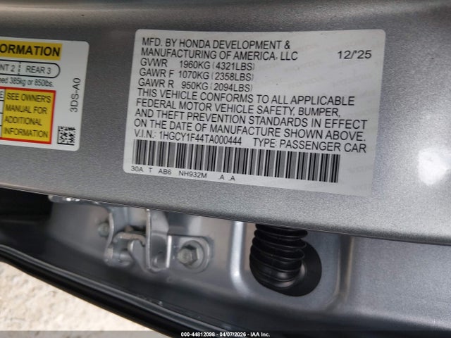 1HGCY1F44TA000444 Honda ACCORD SE