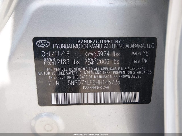 Aukcja sprzedaży 2017 Hyundai Elantra Se, vin: 5NPD74LF6HH145725, numer aukcji: 44812108