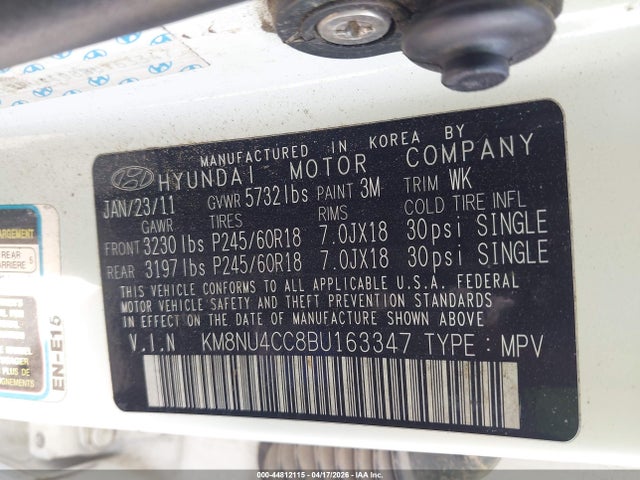 2011 Hyundai Veracruz Limited მანქანა იყიდება აუქციონზე, vin: KM8NU4CC8BU163347, აუქციონის ნომერი: 44812115