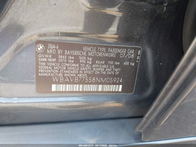 44812117 :رقم المزاد ، WBAVB77558NM05924 vin ، 2008 Bmw 335i مزاد بيع