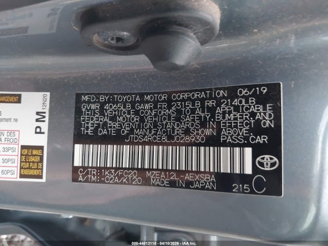 44812118 :رقم المزاد ، JTDS4RCE8LJ028930 vin ، 2020 Toyota Corolla Se مزاد بيع