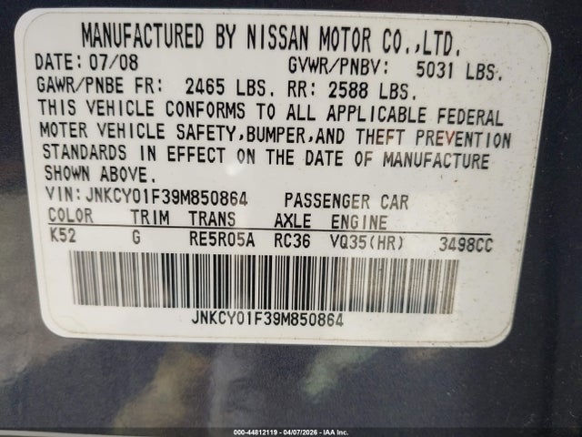 Продажа на аукционе авто 2009 Infiniti M35x, vin: JNKCY01F39M850864, номер лота: 44812119