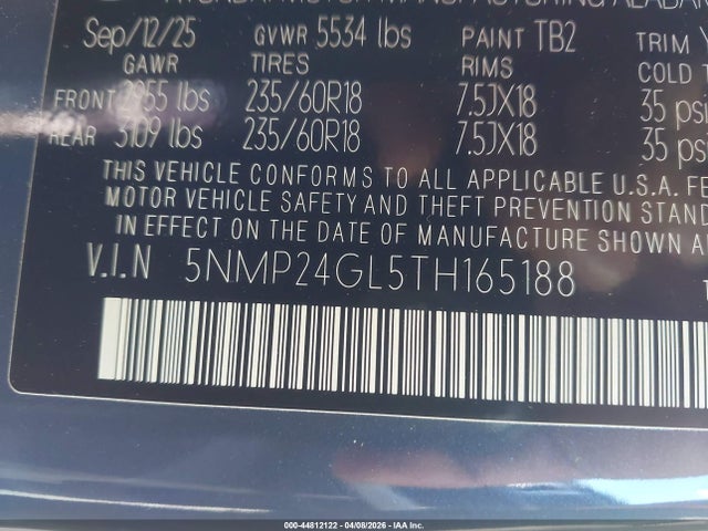 44812122 :رقم المزاد ، 5NMP24GL5TH165188 vin ، 2026 Hyundai Santa Fe Sel مزاد بيع
