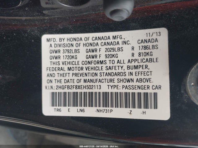 Honda CIVIC EX 2014 2HGFB2F8XEH502113 Image 9