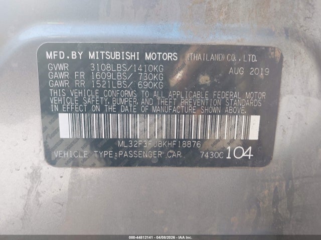 Продаж на аукціоні авто 2019 Mitsubishi Mirage G4 Es, vin: ML32F3FJ8KHF18876, номер лоту: 44812141