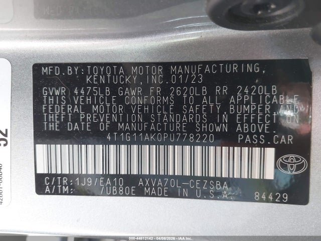 Aukcja sprzedaży 2023 Toyota Camry Se, vin: 4T1G11AK0PU778220, numer aukcji: 44812142