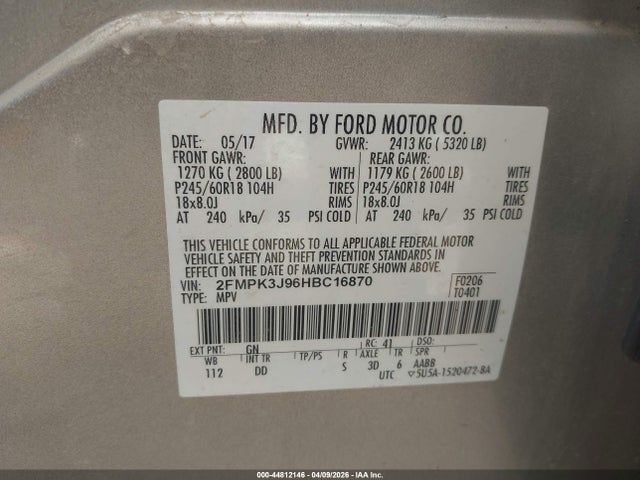 Продаж на аукціоні авто 2017 Ford Edge Sel, vin: 2FMPK3J96HBC16870, номер лоту: 44812146