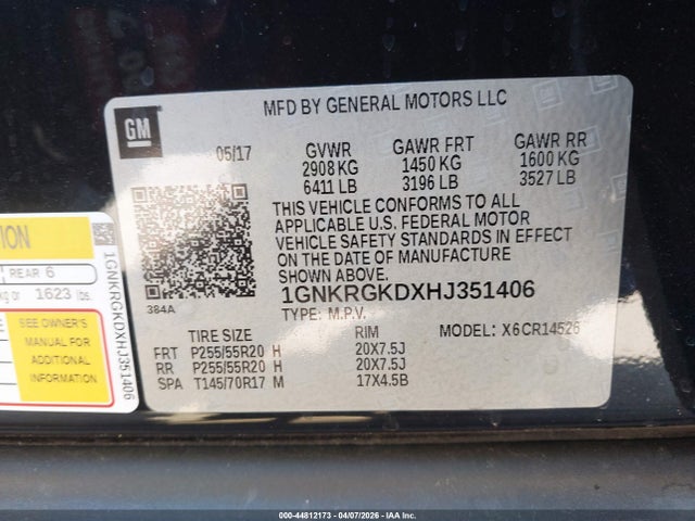 1GNKRGKDXHJ351406 Chevrolet Traverse 1lt