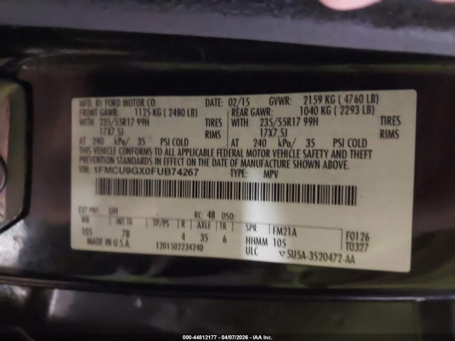 Продажа на аукционе авто 2015 Ford Escape Se, vin: 1FMCU9GX0FUB74267, номер лота: 44812177